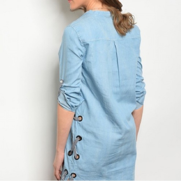 LAST Light Denim Shirt Dress with Gingham Lace - Picture 4 of 7